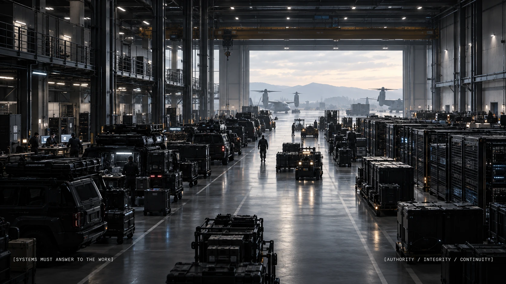 Operational logistics and mission-support hangar with vehicles, modular systems, equipment cases, and personnel working in a controlled environment.