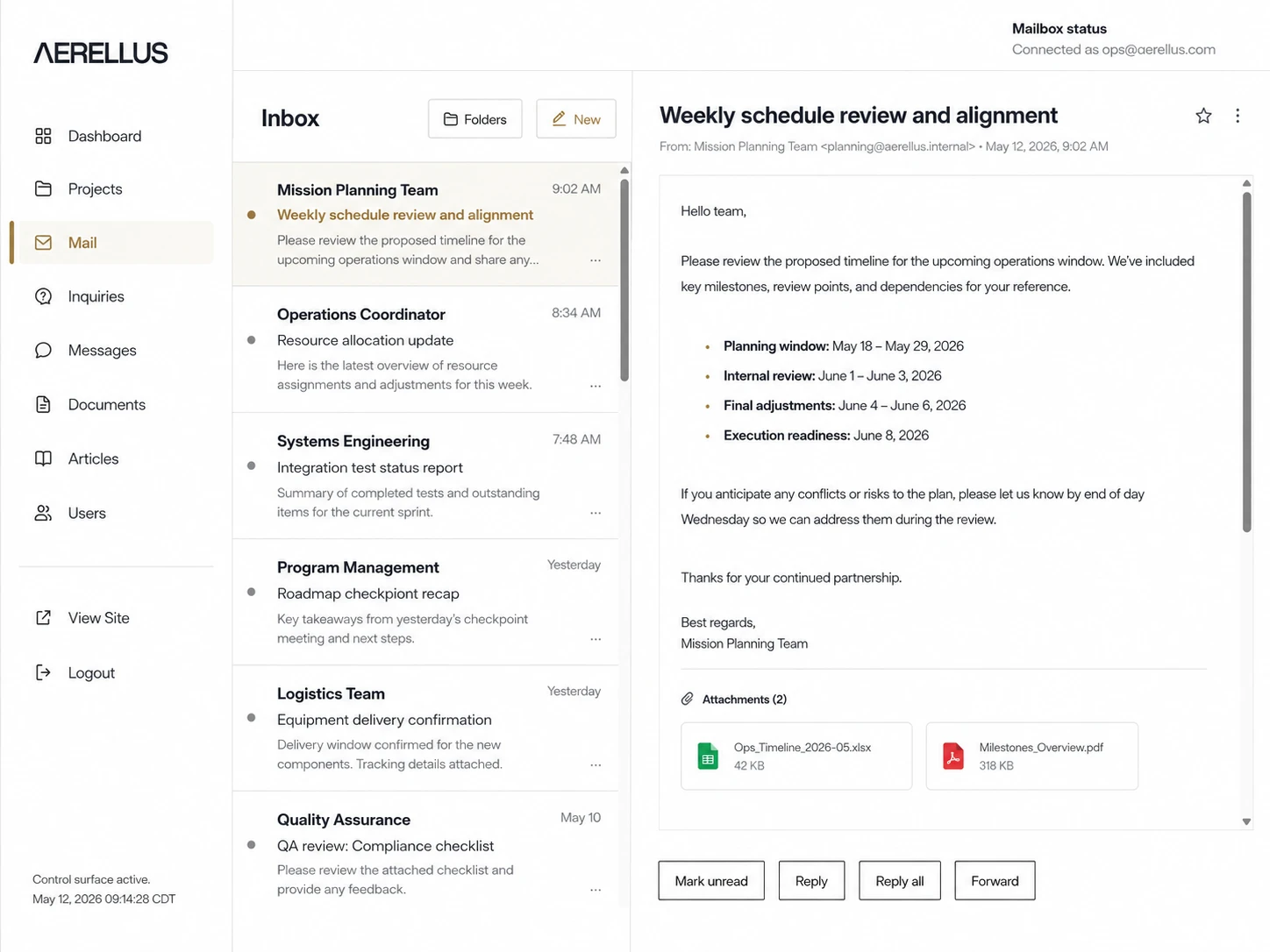 KADENCE internal mail handler inside the Aerellus control surface
