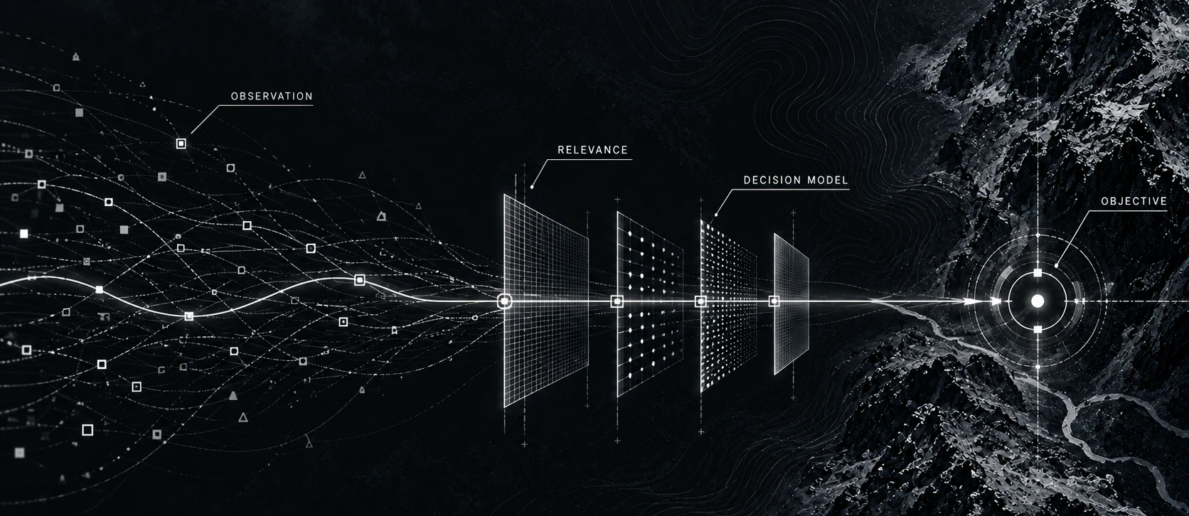 Conceptual progression from observation through relevance and decision evaluation toward an operational objective.