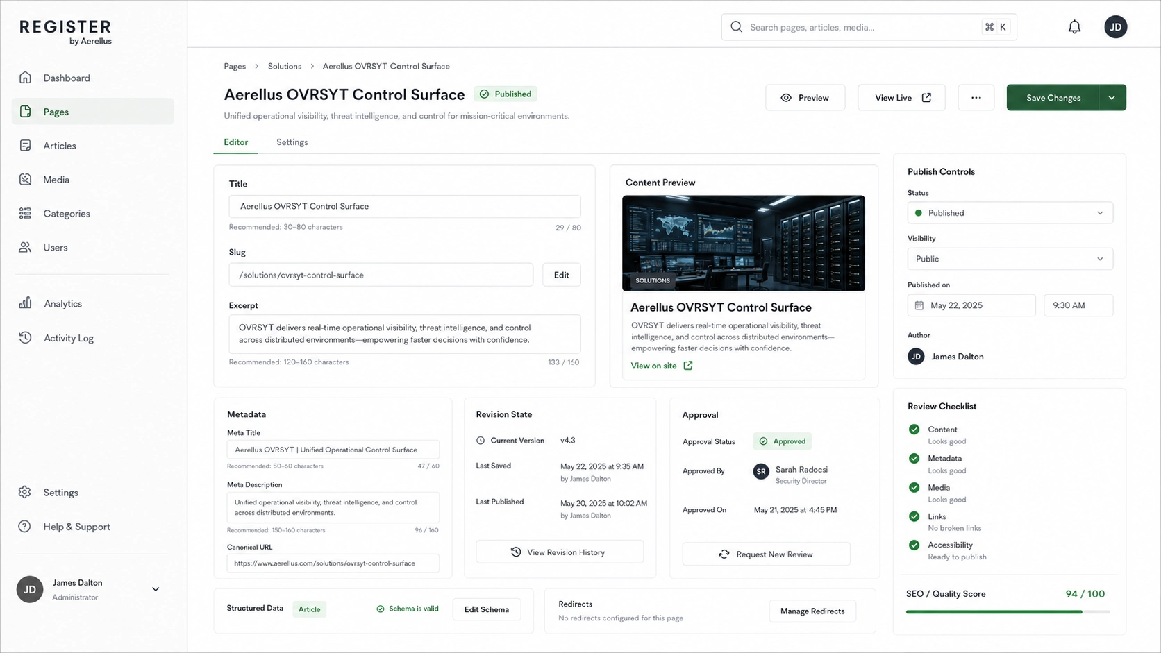 REGISTER controlled publishing interface inside the Aerellus operating surface